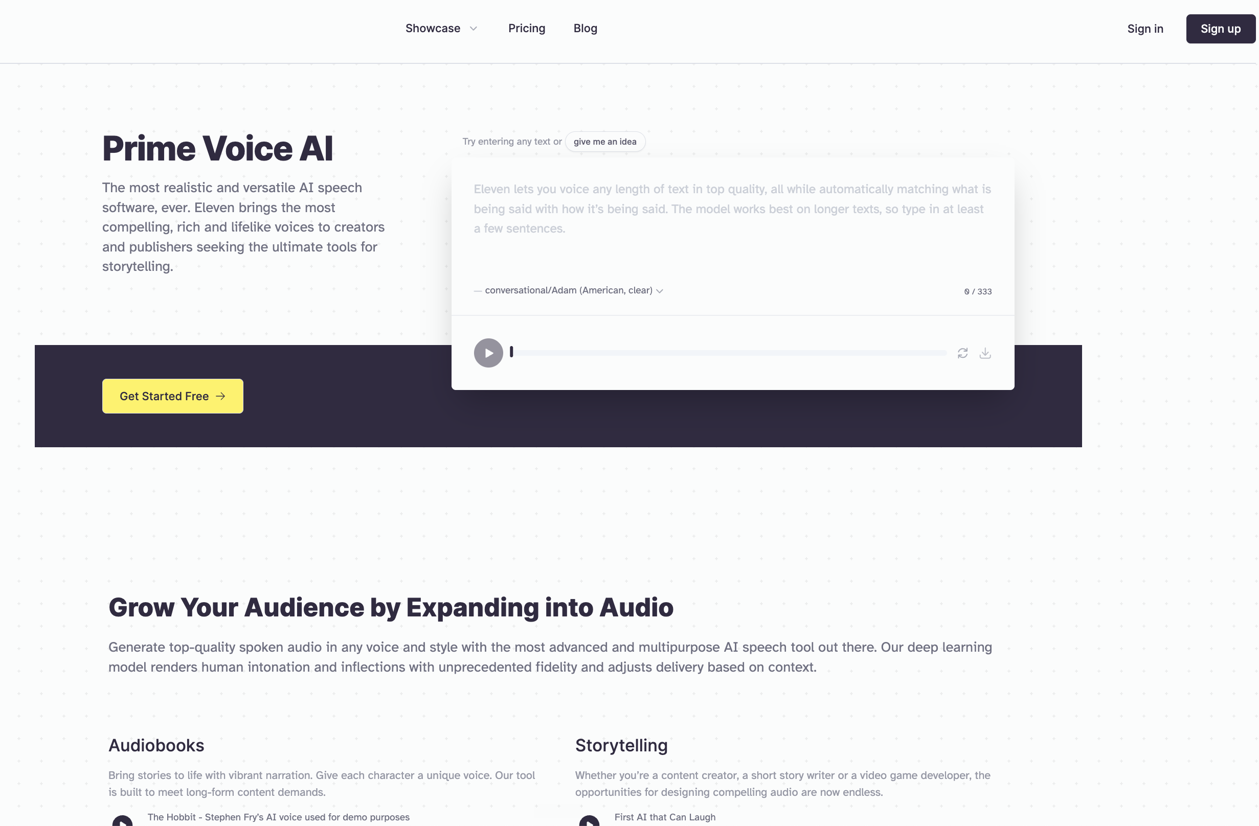ElevenLabs homepage in 2023: Prime Voice AI